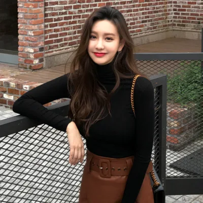 Korėjos Streetwear ilgomis rankovėmis, Žemiausią Marškinėliai Saldus vientisos Spalvos Golfo Slim Dugno Women Marškinėliai Black Draugės Palaidinė