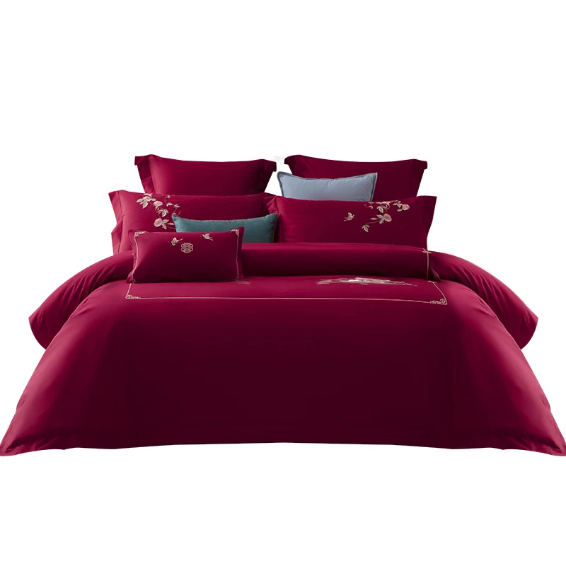 Caiyitang 4 gabalai sklandžiai, raudona vestuvių patalynės komplektas mandarinų antis siuvinėjimo paklode prabangus propitious stiliaus lovos antklodė padengti