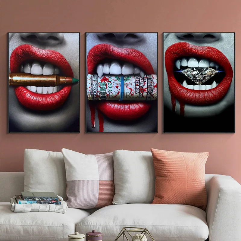 Drobė Paveikslų Seksualus Lūpų Su Pinigų ant Sienos Menas, Plakatų ir grafikos Raudona Lūpų Dolerių Paveikslai, Meno Namų Cuadros Nuotrauką