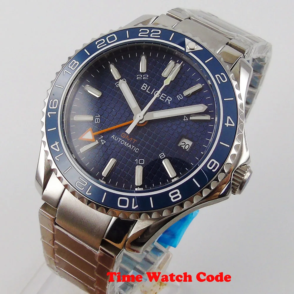 41mm BLIGER Prekės Vyrų Laikrodis Su Automatiniu GMT Judėjimas, Keramikos bezel Data Langą Safyro Stiklas blue dial šviesos rankas