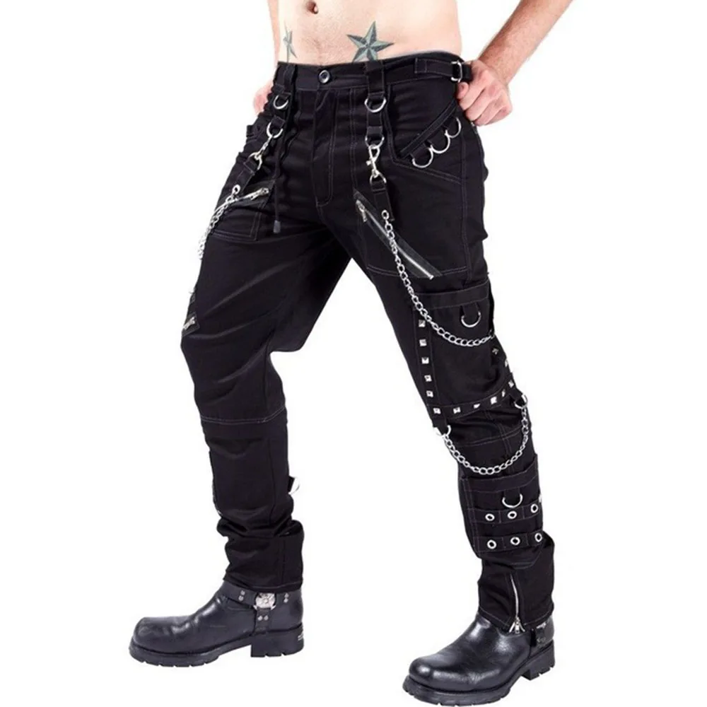 Vyrai Gothic Punk Rock Juodos Kelnės Naujos Mados Kniedės, Grandinės Hip Pop Atsitiktinis Palaidų Streetwear Vyras Ilgos Kelnės Safari Stiliaus Madinga