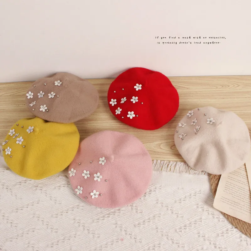 Korėjos Stiliaus Mielas Beretės, Kepurės Vaikams Mergaitėms Vilnos Beretė Skrybėlę Žiemą Gėlių Mergaitė, Beretė Lolita Skrybėlės