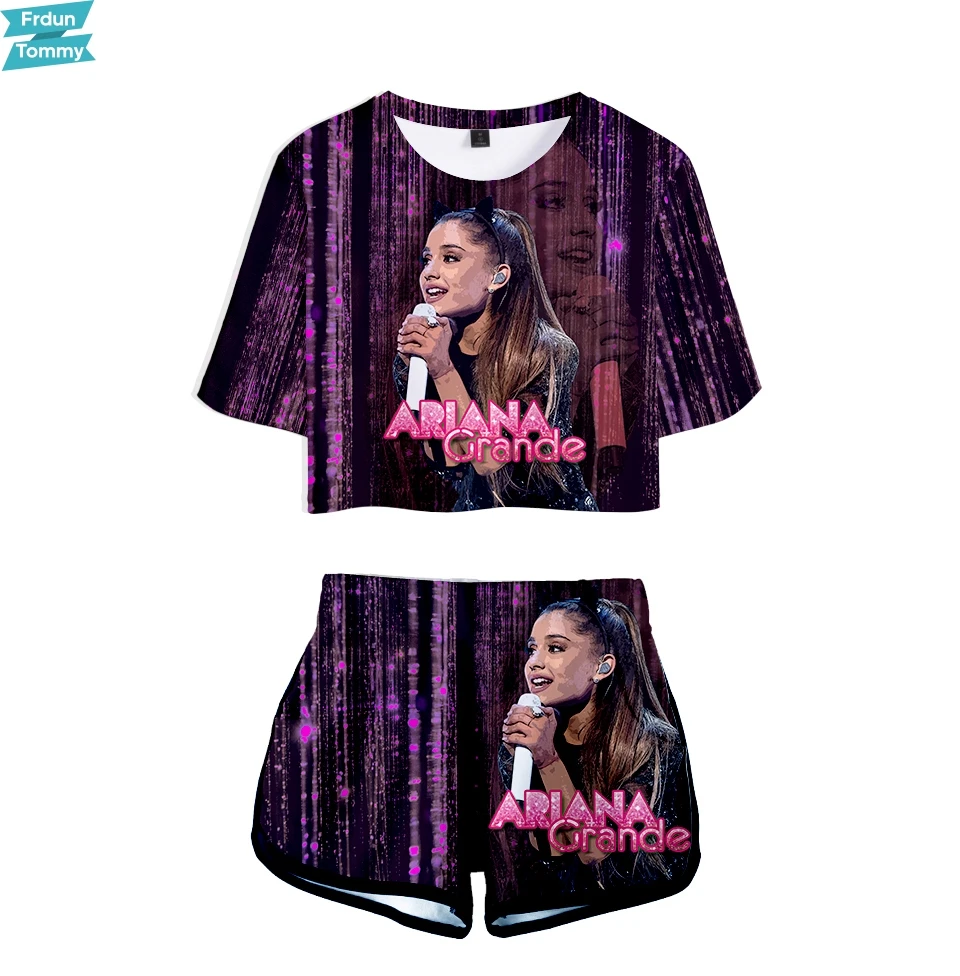 Ariana Grande 3D Atspausdintas Moterims Dviejų dalių Rinkiniai Mados Vasaros trumpomis Rankovėmis Pasėlių Top+Shorts Karšto Pardavimo Madingų Drabužių Streetwear