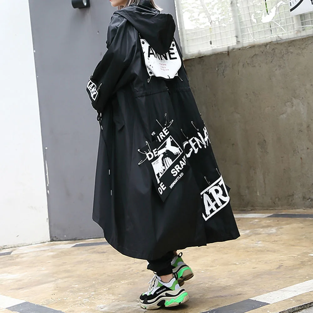 Korėjos Punk Ilgai Laisvi Juodas Tranšėjos Paltai Moterims Gotikos Batwing Rankovės Paltas Rudens Žiemos Streetwear Negabaritinių Outwear