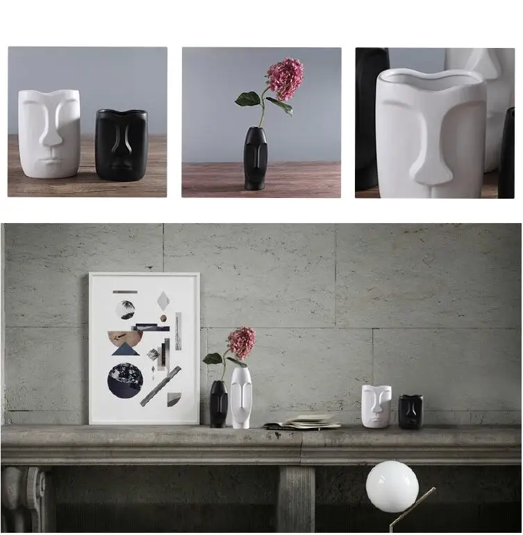 Rankų darbo, kūrybos baltos keramikos žmogaus veido vaza šiuolaikinės minimalistinės mados namų dekoracijos, puošybos kaulų kinija abstrakčiai vaza