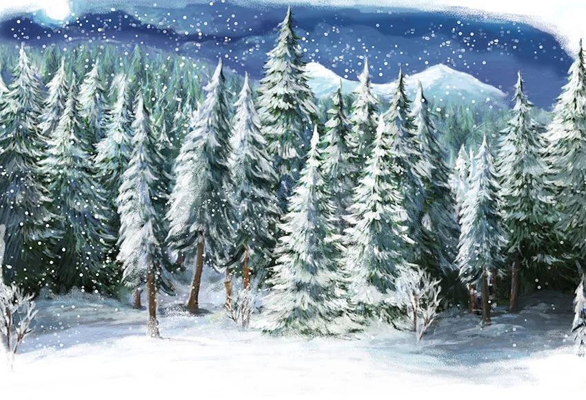Pušų miško sniego kalnai linksmų kalėdų nuotraukų fone fotografijos backdrops kokybės vinilo
