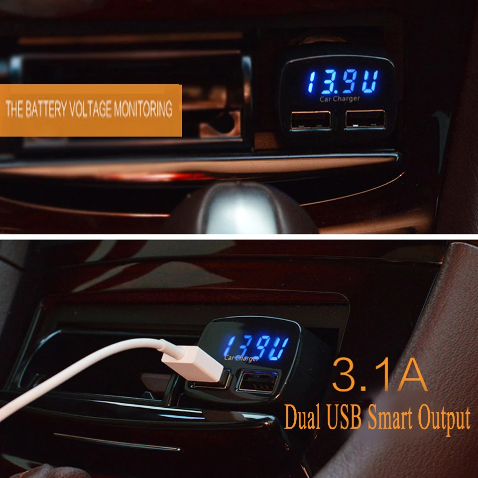 Kebidu DC 12-24V 4 in 1 USB Automobilinis Įkroviklis Dual Port 3.1 su Temperatūra/Įtampos/Srovės su Mėlyna Šviesa Skaitmeninis Ekranas