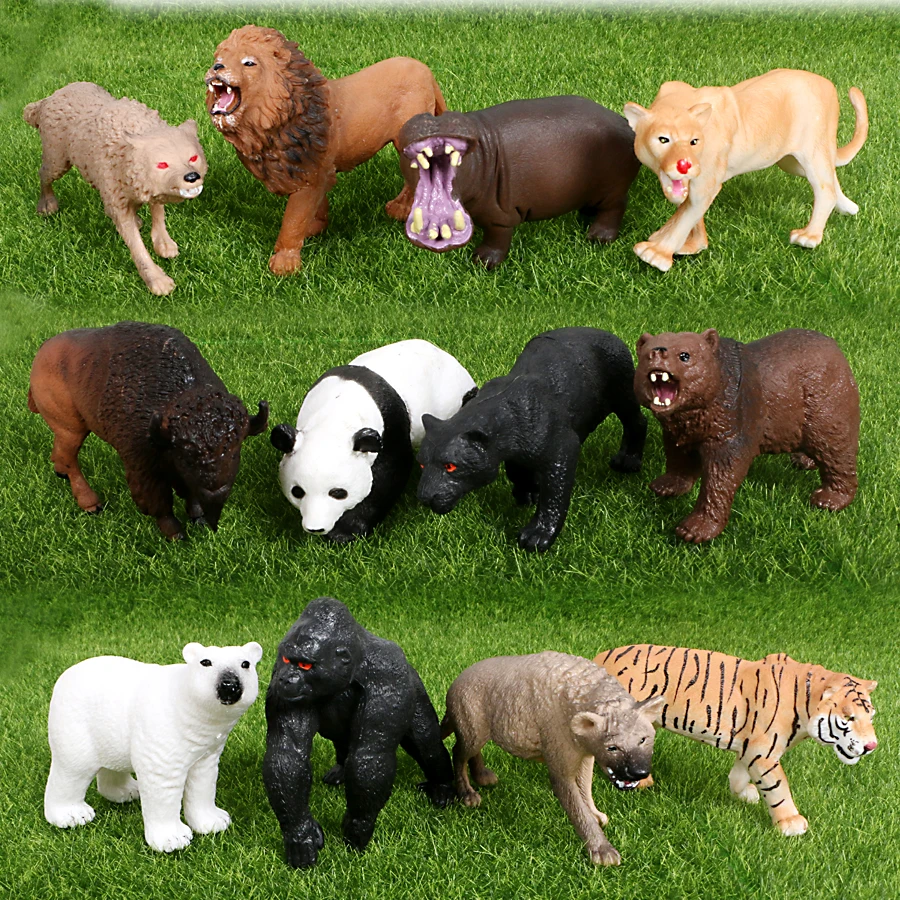 12pcs Realus 4-5 colių Plastiko Laukinių Džiunglių Zoologijos sodo Gyvūnai Modelis žaislai Figūrėlės Playset su panda,Tigras,Liūtas,Jakų Vaikams
