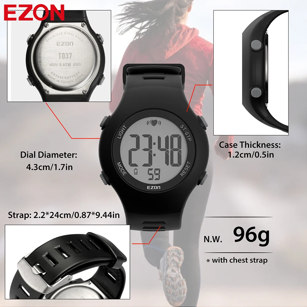 EZON T037 Širdies ritmo Monitorius Unisex Sporto Laikrodis Veikia Lauko Skaitmeninio Žiūrėti Vertus Laikrodis Montre Homme su Krūtinės Diržas