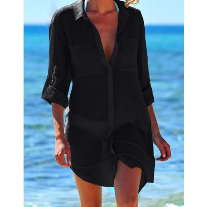 Naujas Paplūdimio Cover up skraiste Plage Kišenėje maudymosi kostiumėlį Padengti iki Sarongas Paplūdimys Marškinėliai Topai Maudymosi Kostiumą Moterų Paplūdimio Pareo Tunika