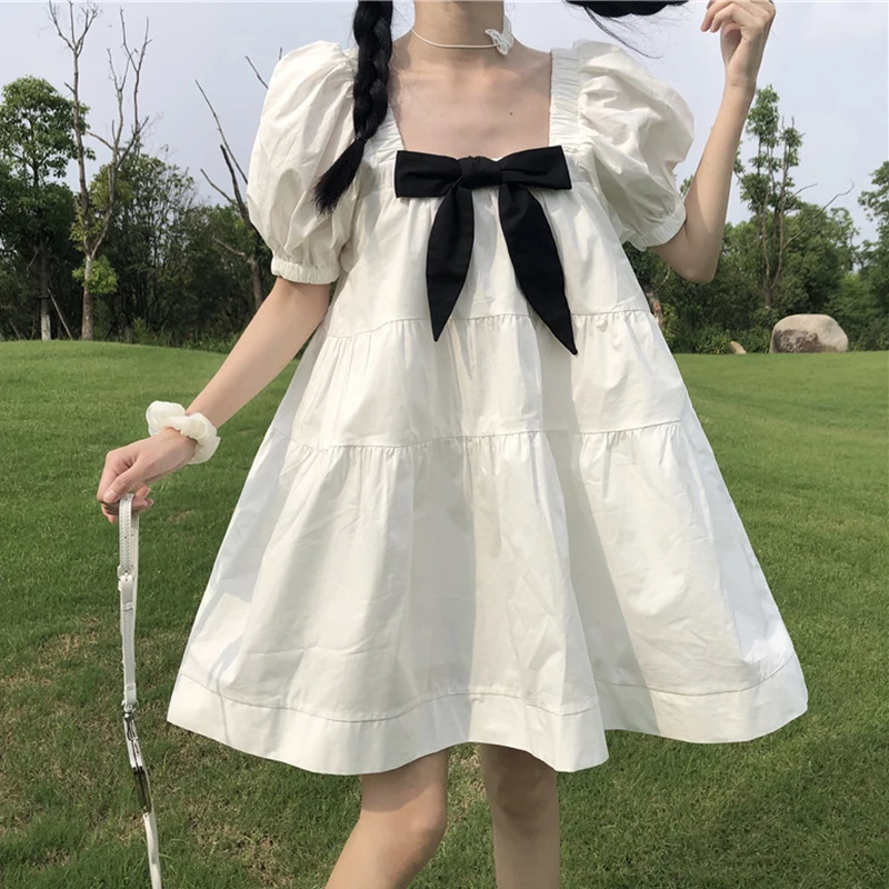 Balta Lolita Kawaii Suknelė Bowknot Arbata Šalis Suknelė Kawaii Drabužių Burbulas Rankovės Princesė Dress Japanese Lolita Drabužius BL4114