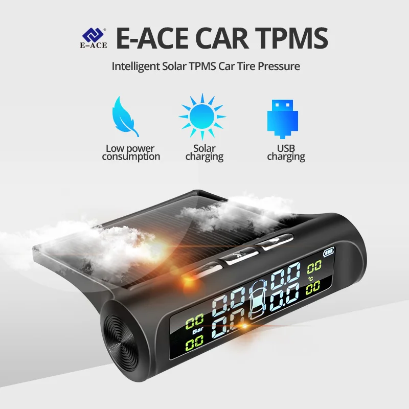 E-ACE TPMS Padangų Slėgio Signalas Automatinės stebėjimo Sistemos Automobilių Ekranas Vidaus / Išorės Saulės Energijos Įkrovimo Temperatūros Įspėjimas