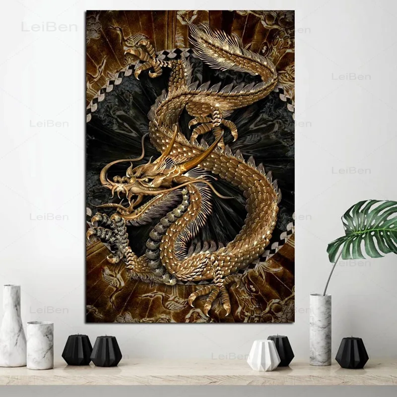 Kinų Stiliaus Golden Dragon Šiuolaikinės Drobė Meno Tapybos Plakatas Ant Sienos, Namo Apdailos Kambarį Nuotraukų ir Spaudinių Frameless