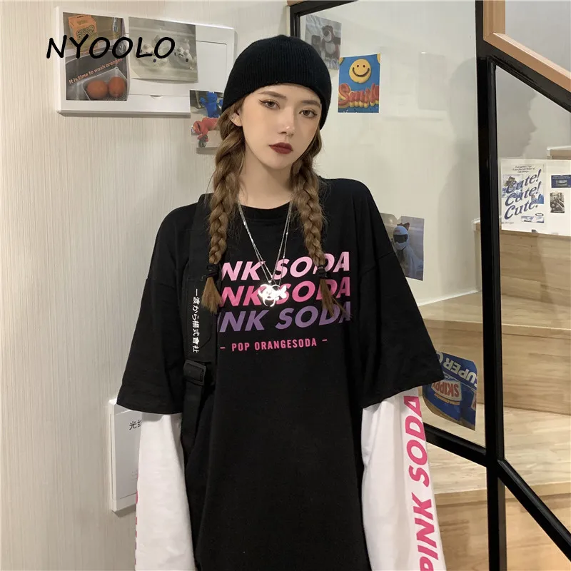 NYOOLO Harajuku Gradientas raidžių spausdinti padirbtus 2 gabalas kratinys long sleeve t-shirt moterims, vyrams streetwear prarasti puloveriai viršūnes tee