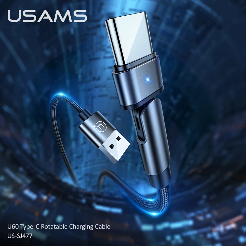USAMS 180 Laipsnių Pasukti USB C Tipo 2.1 Greito Įkrovimo Laidas Žaibo Kabelis USB-C 