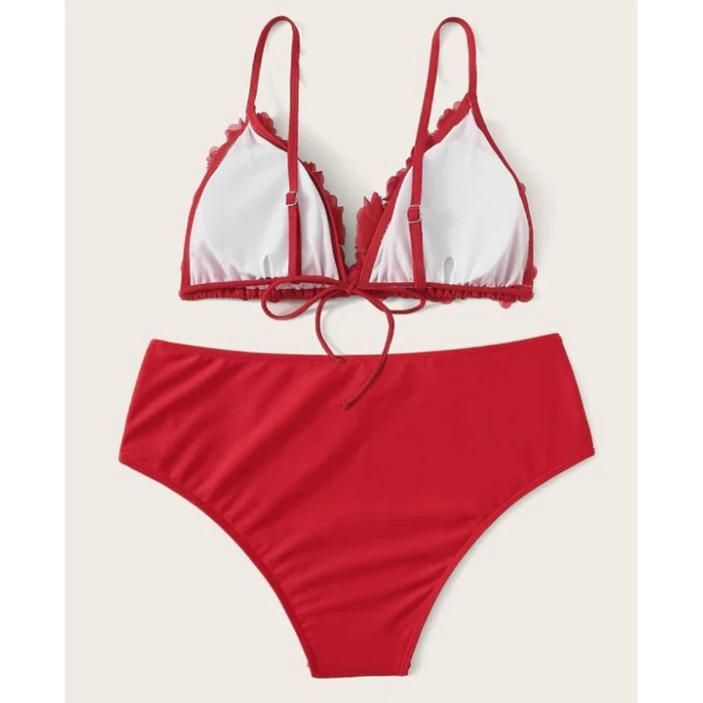 L-3XL Plius Dydžio Raudonos spalvos Bikini Push Up 3D Žiedlapis maudymosi kostiumėlį, Didelių Dydžių maudymosi Kostiumėliai Moterims High Waisted Maudymosi Kostiumą, Strappy Bikini Moteris
