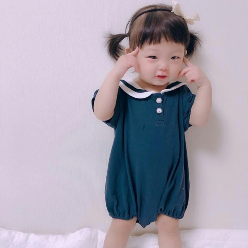Korėjos Japonija Stiliaus 2020 Naujas Vasaros karinio jūrų Laivyno apykaklė Vaikiška Mergaitė Berniukų Romper Naujagimiui Jumpsuit Medvilnės trumpomis rankovėmis T-shirt Romper