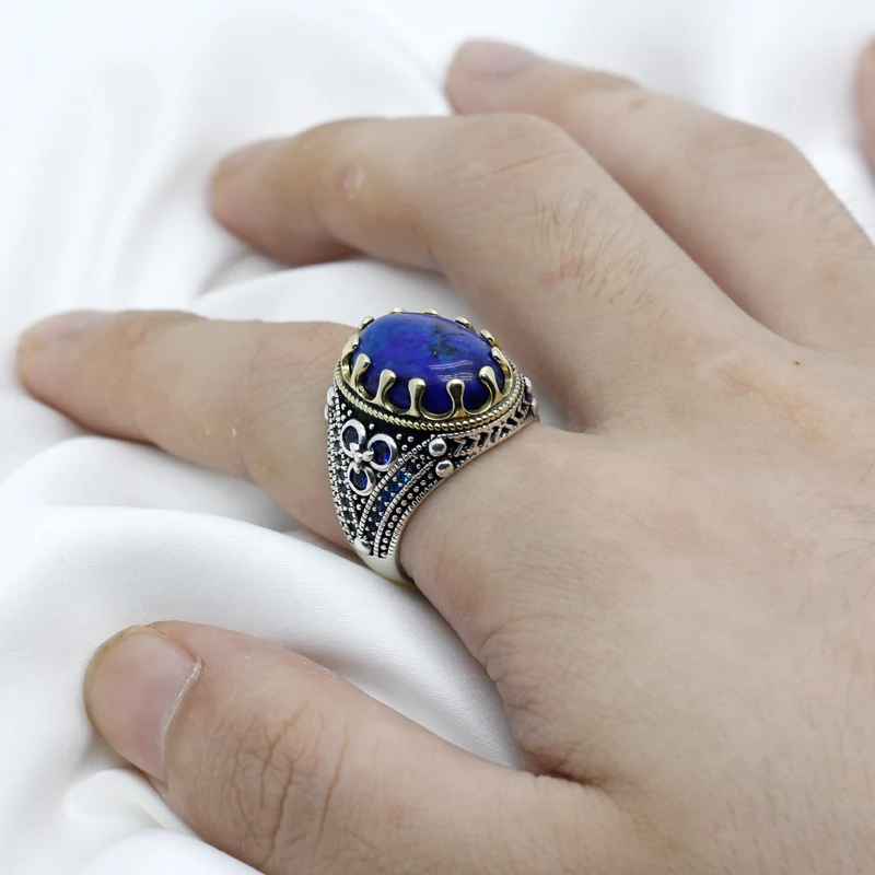 Nauja geriausia pardavimo 925 sterlingas sidabro žiedas turkijos papuošalų lazuritas žiedas vyrų žiedas fine jewelry