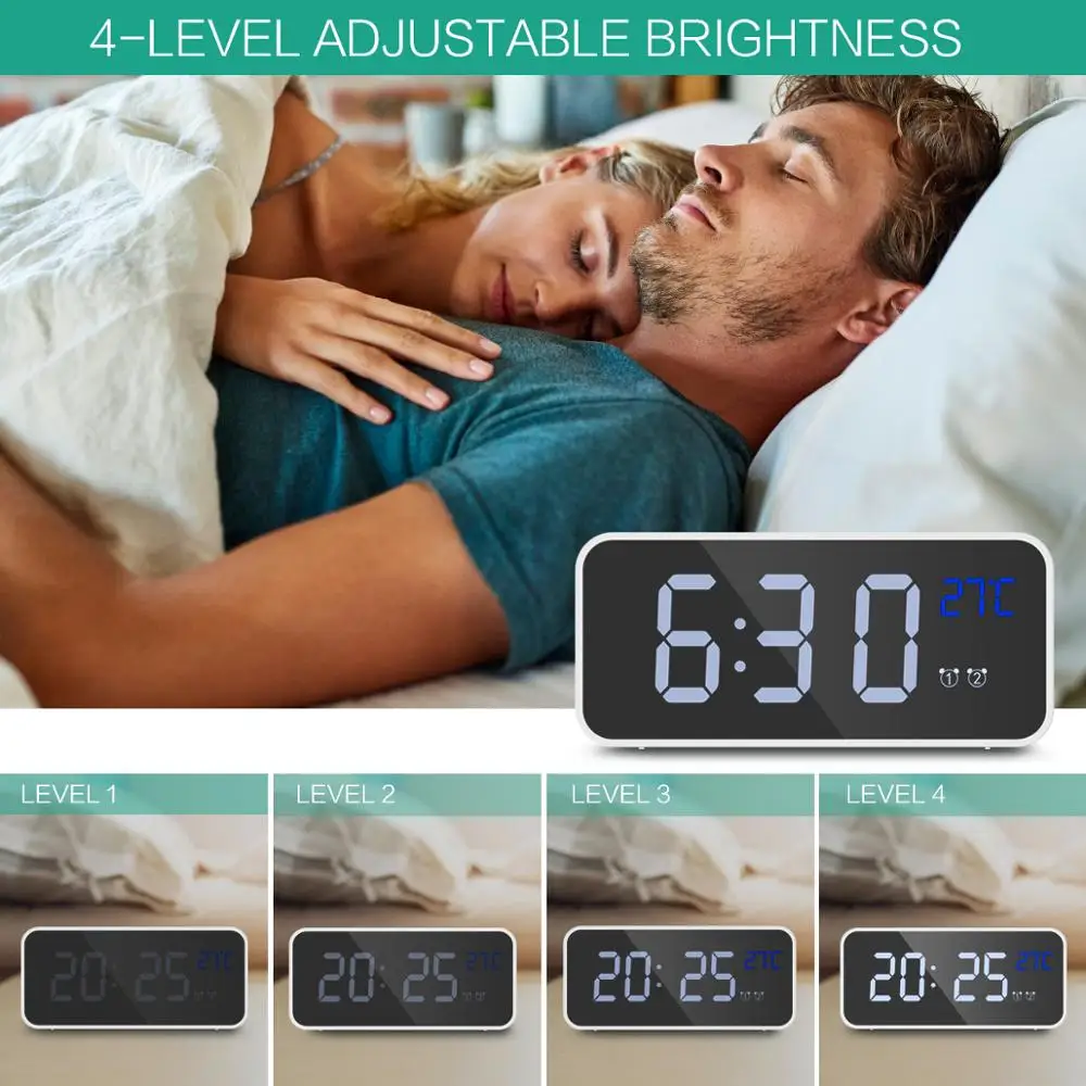 Skaitmeninis Laikrodis LED Veidrodis Skaitmeninės Muzikos Laikrodis 4 Reguliuojamo Šviesumo Valdymas Balsu Dual USB Įkrovimo Uostų Atidėjimo Funkcija