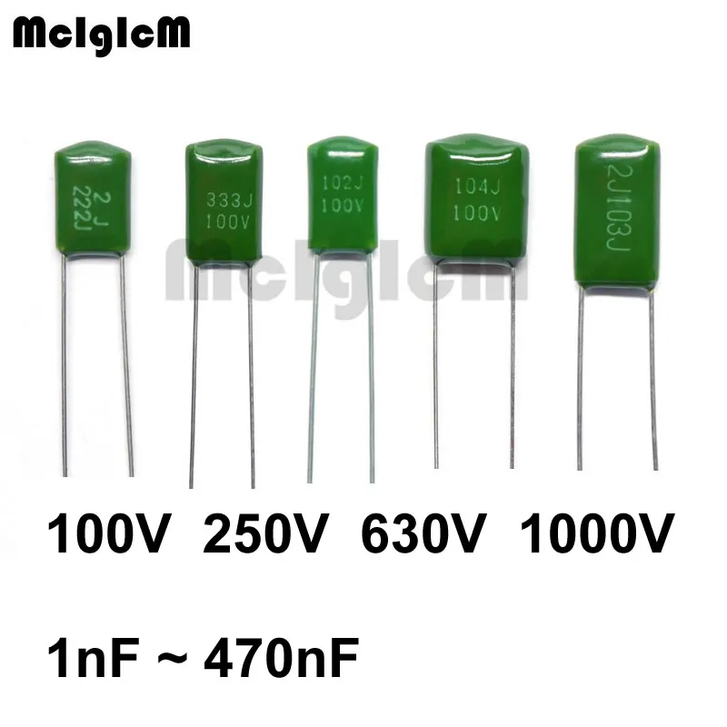 McIgIcM 1000pcs Poliesterio plėvelė, kondensatorius 100V 250V 630V 1000V 1nF 1.5 nF 2.2 nF 3.9 nF 100nF 2A102J 2A152J 2J222J 2A392J 2A104J
