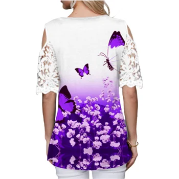 Šalto Pečių moteriški marškinėliai Nėrinių Rankovės Gėlių Ir Drugelis Spausdinti marškinėliai Moterims, Elegantiškas Vasaros Drabužių Moterų Tee Viršūnes 2020 m.