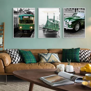 Šiaurės Vintage Žalia Traukinio Tilto Drobės Paveikslai Pramonės Stiliaus Plakatai Dekoratyvinis Automobilių Spaudinių Sienos Menas Nuotraukas Kambarį