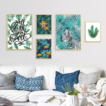 Šiaurės stiliaus sienos meno plakatas su spausdinta akvarelė tropinių augalų lapų gėlė kaktusas drobė spausdinti freskos kambarį