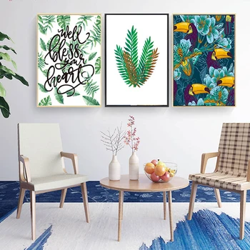 Šiaurės stiliaus sienos meno plakatas su spausdinta akvarelė tropinių augalų lapų gėlė kaktusas drobė spausdinti freskos kambarį