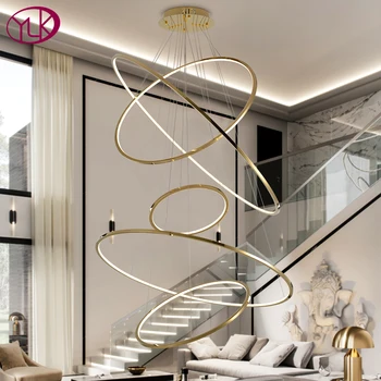 Šiuolaikinės aukso led šviestuvo už laiptai didelis žiedas, nerūdijančio plieno, šviesos rungtynių, trumpai villa salės fojė apdailos apšvietimas