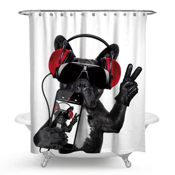 Šuo Dušo Užuolaida Black Bulldog Vonios Užuolaidų Pet Klausytis Muzikos, Mobiliųjų Telefonų Rideau De Dušą Nuotrauka Vaikas Vonios Uždanga Dušo