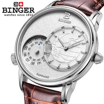 Šveicarijos vyrų žiūrėti prabangos prekės ženklo Laikrodžiai BINGER Kvarco Judėjimas, Odinis Dirželis atsparus Vandeniui Dvigubo Laiko Juostų laikrodis BG-0389-6