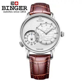 Šveicarijos vyrų žiūrėti prabangos prekės ženklo Laikrodžiai BINGER Kvarco Judėjimas, Odinis Dirželis atsparus Vandeniui Dvigubo Laiko Juostų laikrodis BG-0389-6
