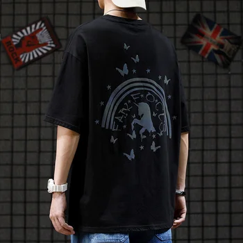 Šviesą atspindinčios vaivorykštė T shirts logotipą Spausdinti medvilnės tshirts hip-hop pusė rankovės homme tees 