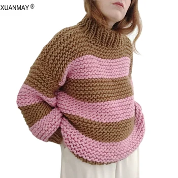 Žiemos 2020 m. Moteris Sutirštės Golfo Džemperis Large dydis 4XL Grynas rankomis austi Megztinis Minkštas Šiltas ponios Žiemos Dryžuotas megztinis