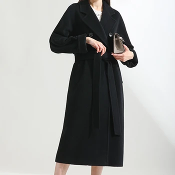 Žiemos Vilnos Mišinys Moterų Korėjos Mados Nauji Juodi Ilgi Paltai Derliaus Elegantiškas Minimalistinio Vilnonis Paltas Kupranugaris Negabaritinių Outwear