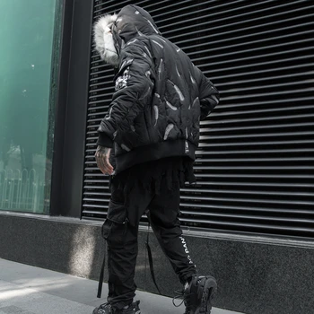 Žiemą Vyrai juodo kailio apykakle Siuvinėjimo plunksnų Kamšalu Parko bombonešis striukė mados Streetwear Negabaritinių Storas šiltas Gobtuvu Outwear